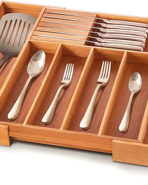 Bamboo Silverware Kitchen Drawer Organizer Expandable Cutlery Tray with 2 Removable Knife Blocks