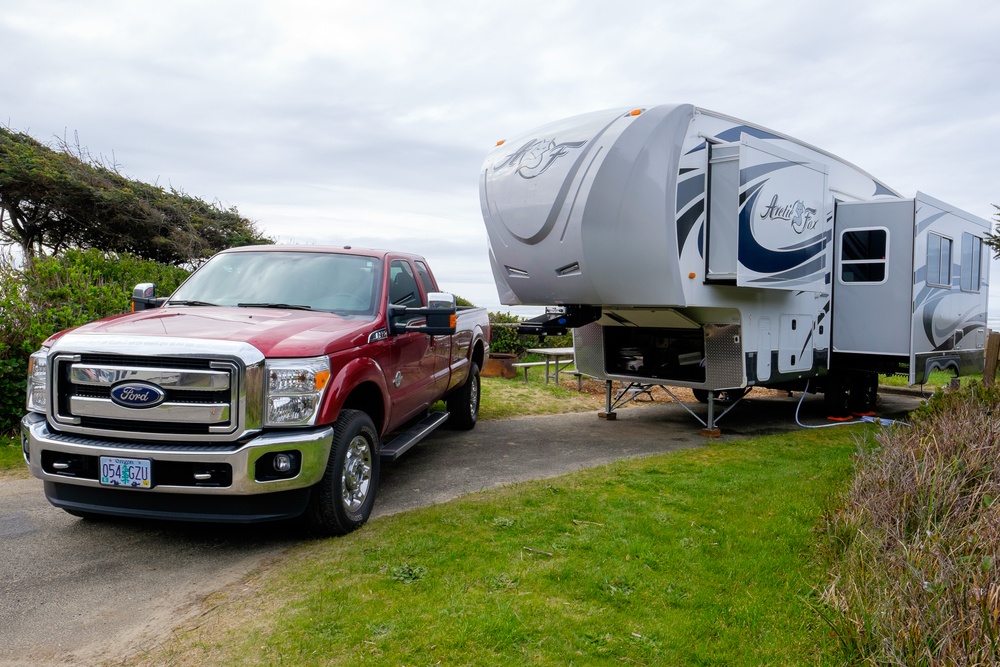 A Ford Truck and Arctic Fox Fifth Wheel Travel Trailer